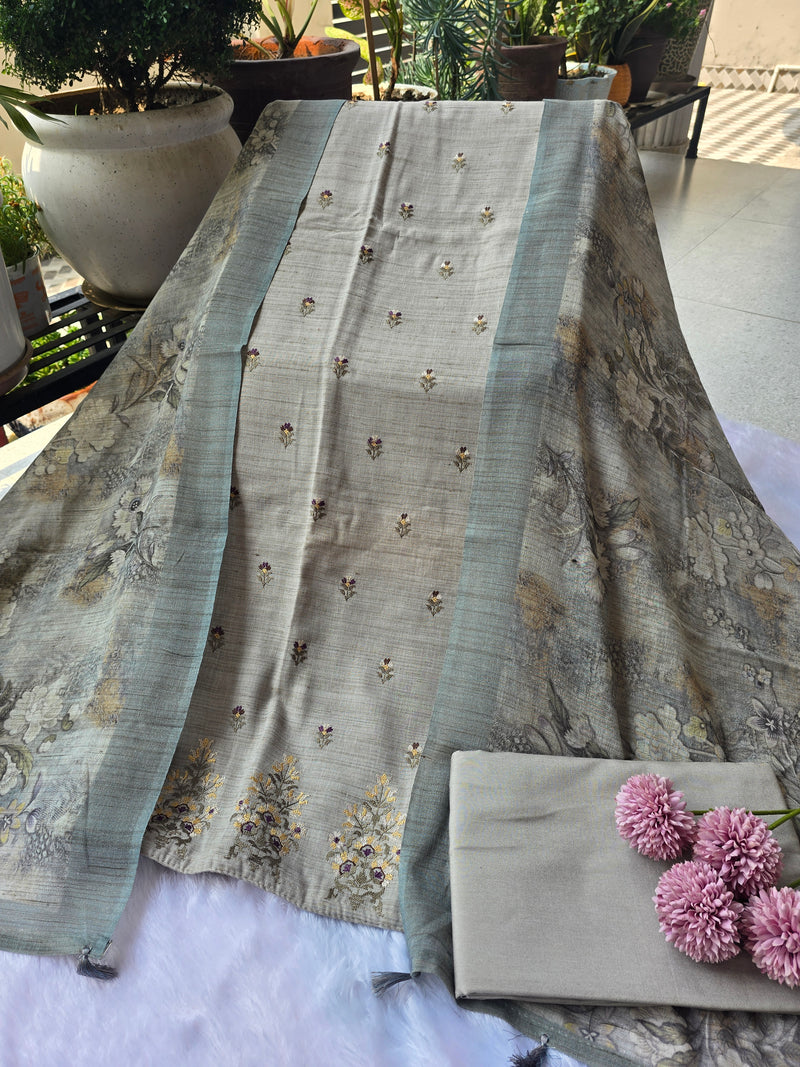Sage Grey Linen Unstitched Suit Set with Zari Butti & Floral Dupatta