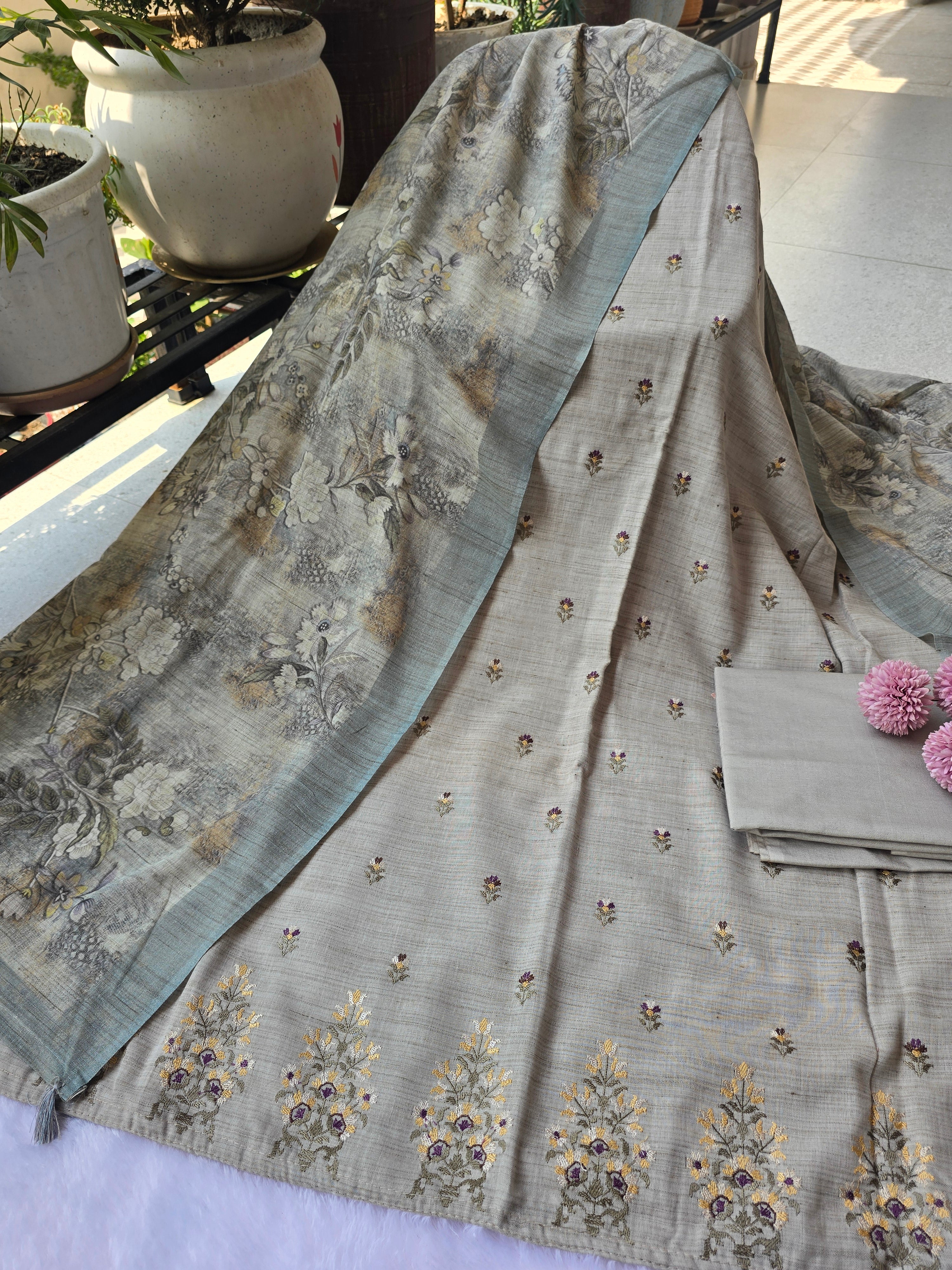 Sage Grey Linen Unstitched Suit Set with Zari Butti & Floral Dupatta