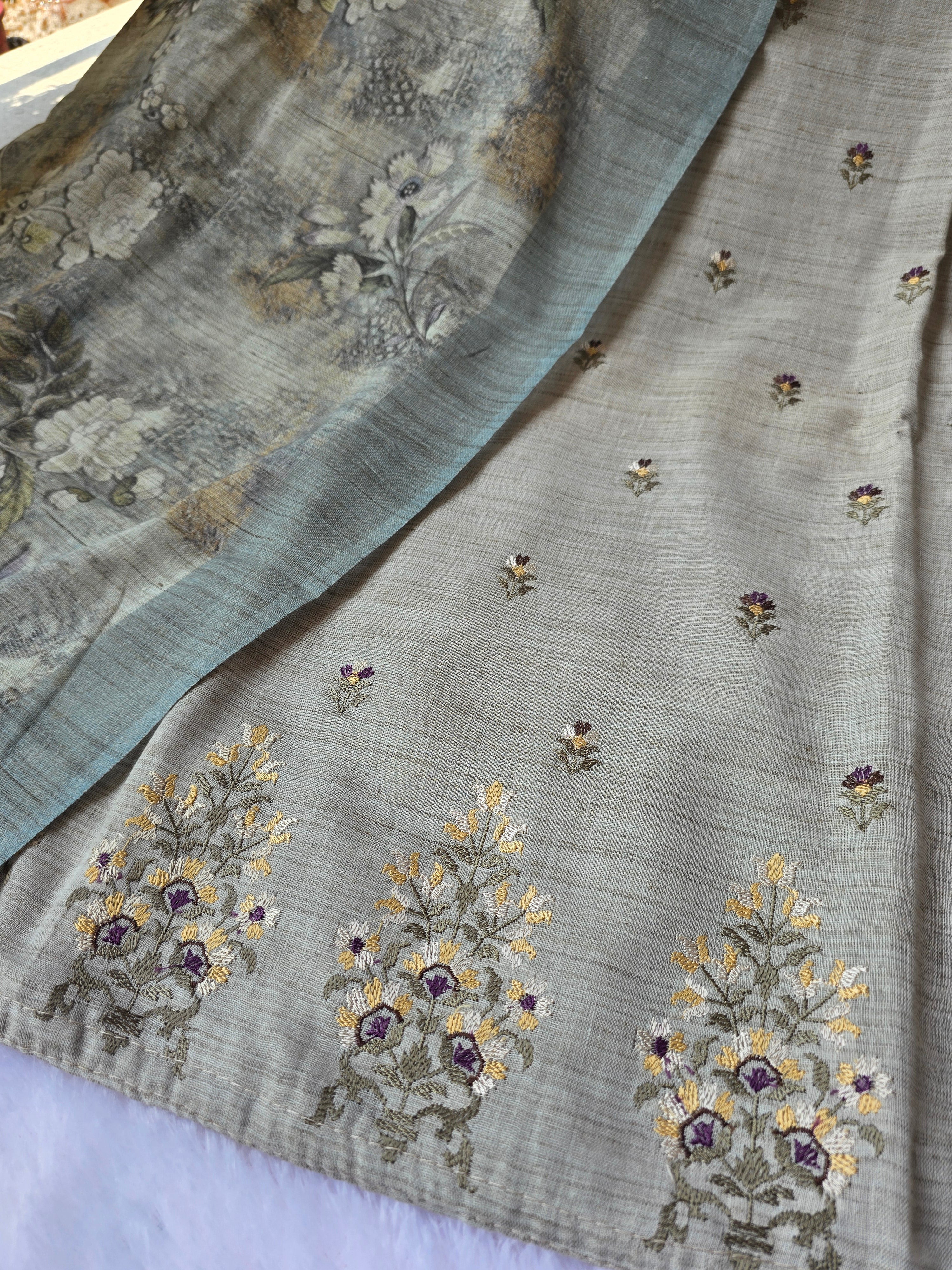 Sage Grey Linen Unstitched Suit Set with Zari Butti & Floral Dupatta