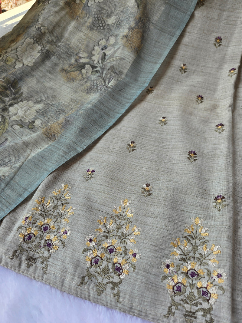 Sage Grey Linen Unstitched Suit Set with Zari Butti & Floral Dupatta