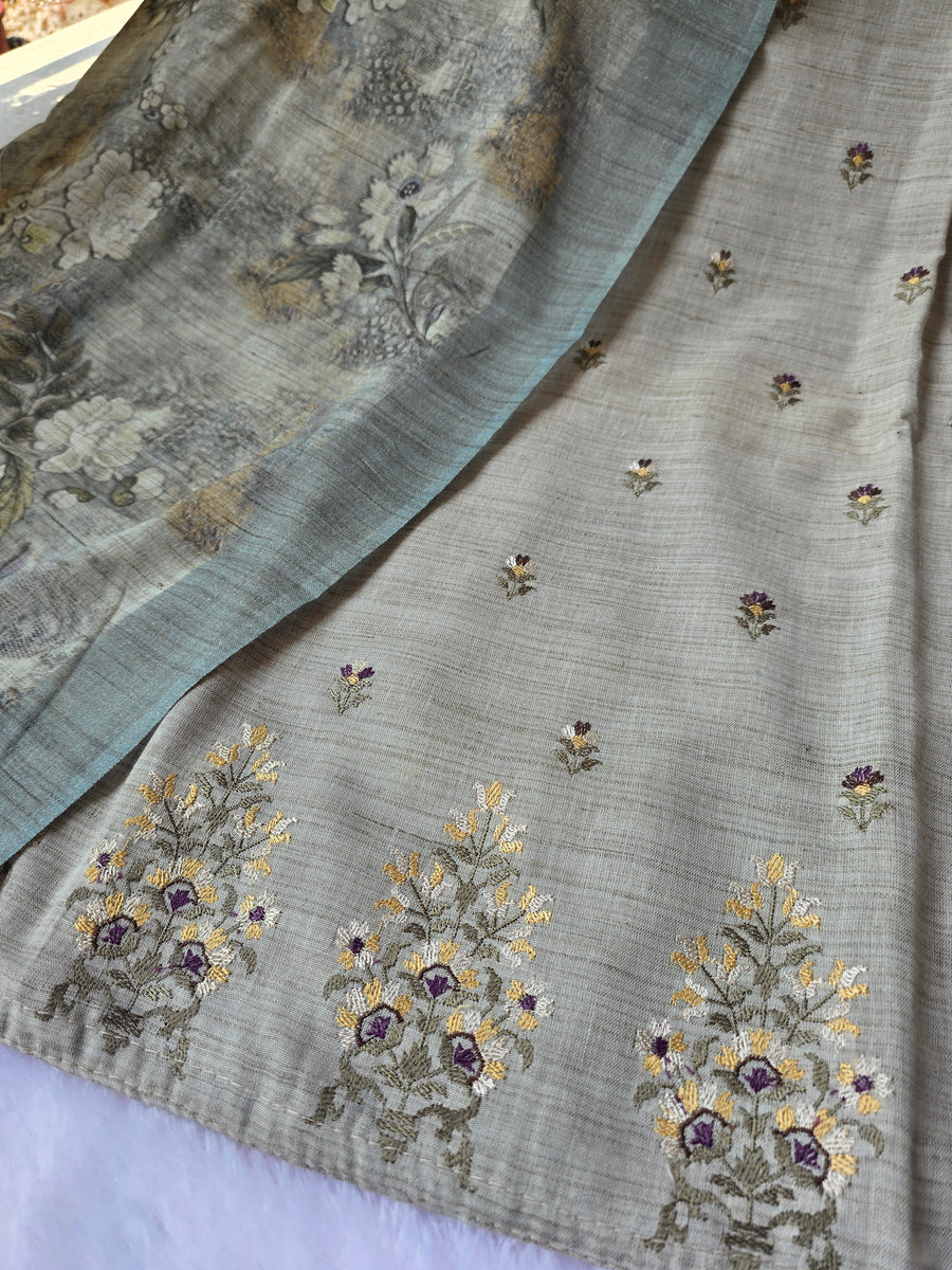 Sage Grey Linen Unstitched Suit Set with Zari Butti & Floral Dupatta