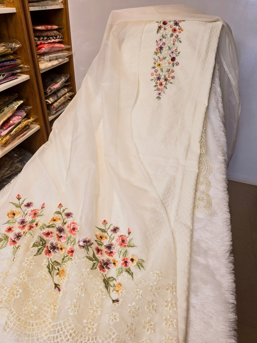 Silk Chanderi Unstitched Suit Set with Organza Dupatta - White