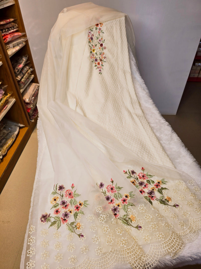Silk Chanderi Unstitched Suit Set with Organza Dupatta - White