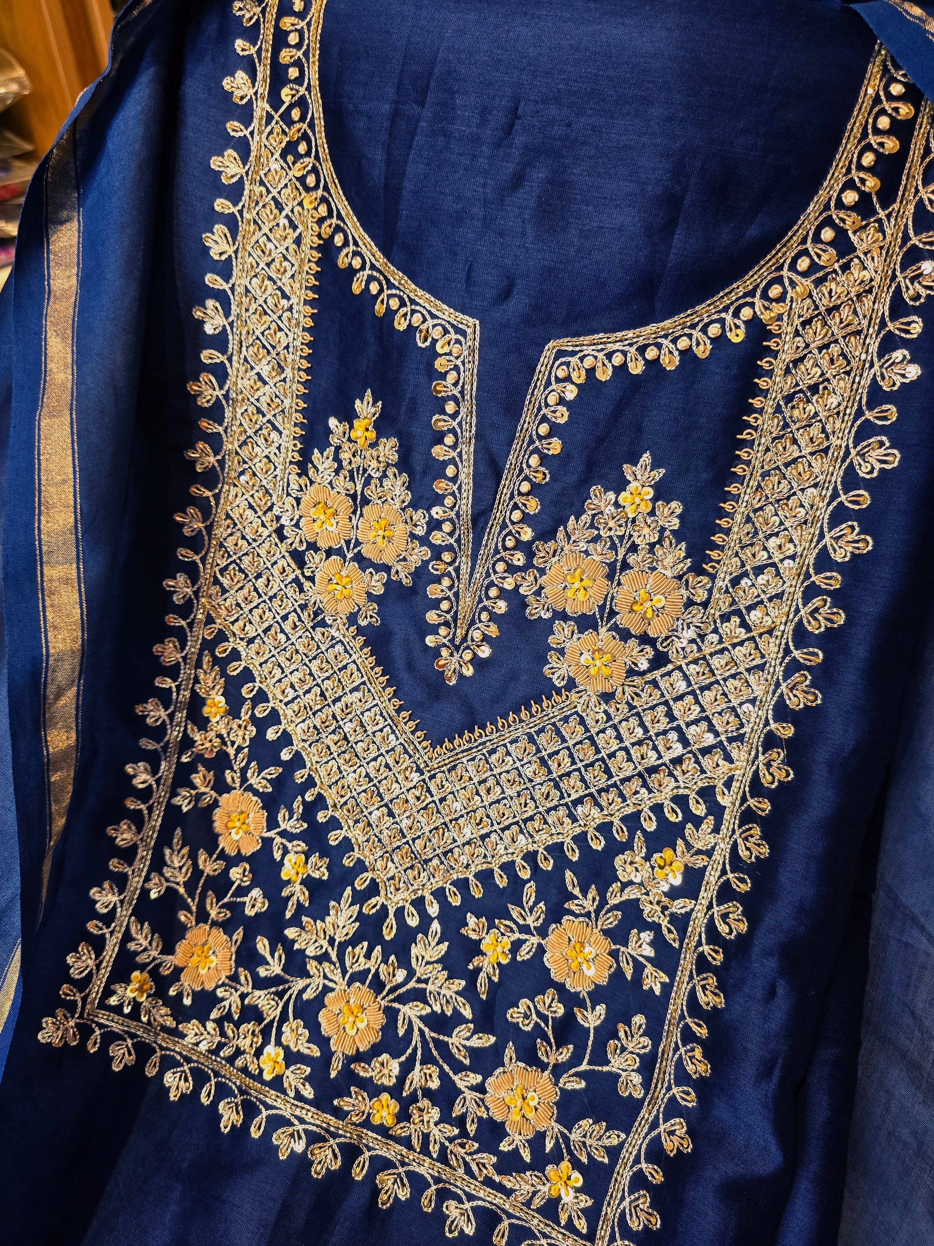 Navy Blue Silk Chanderi Unstitched Suit Set with Zardozi Hand Work