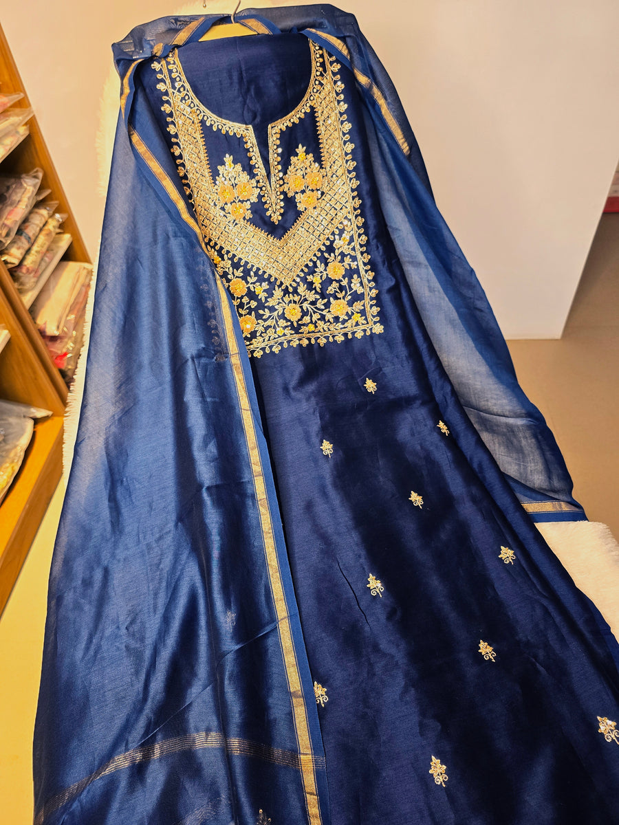 Navy Blue Silk Chanderi Unstitched Suit Set with Zardozi Hand Work