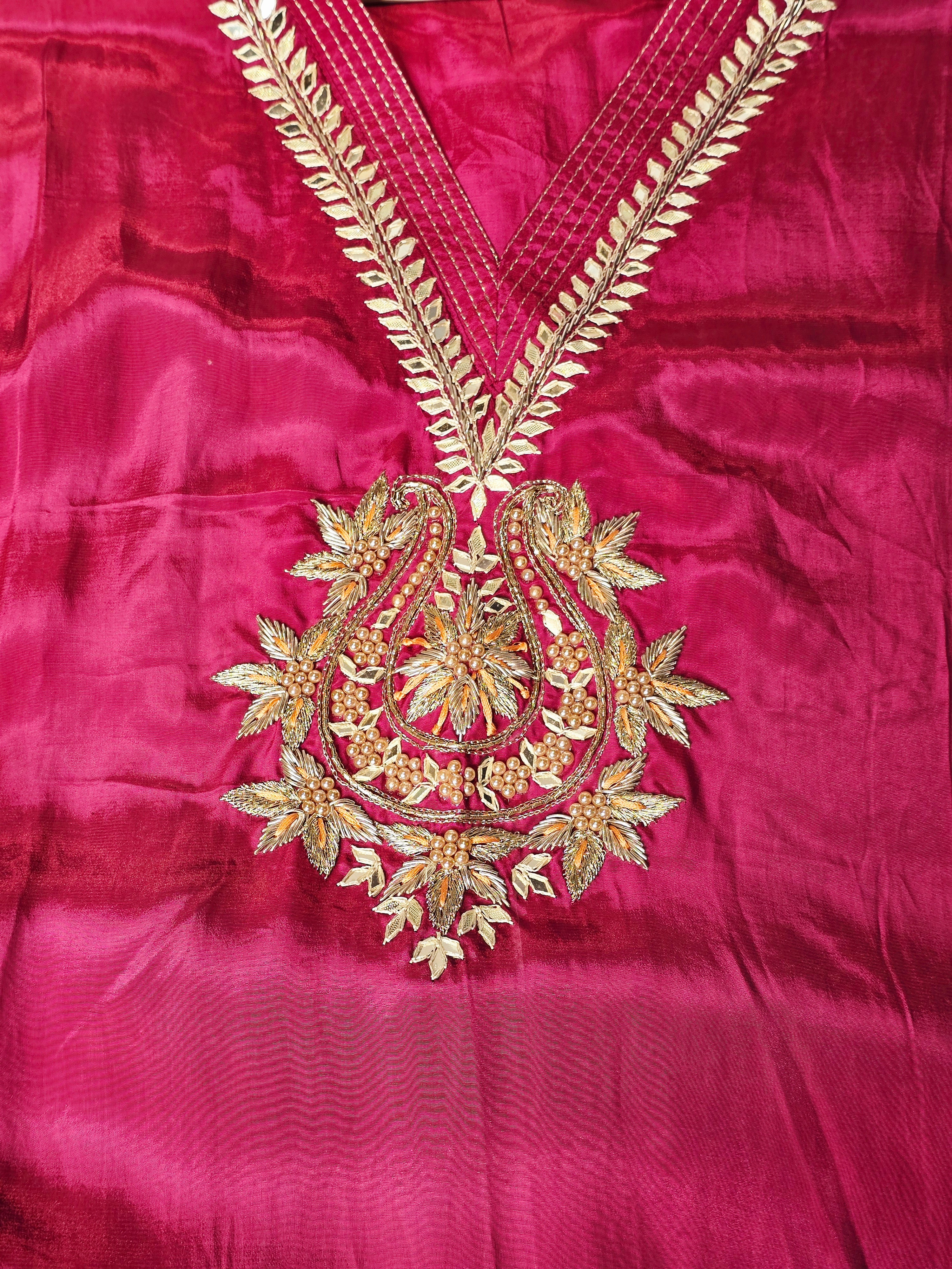 Satin Silk Semi-stitched Suit Set with Organza Dupatta - Rani Pink