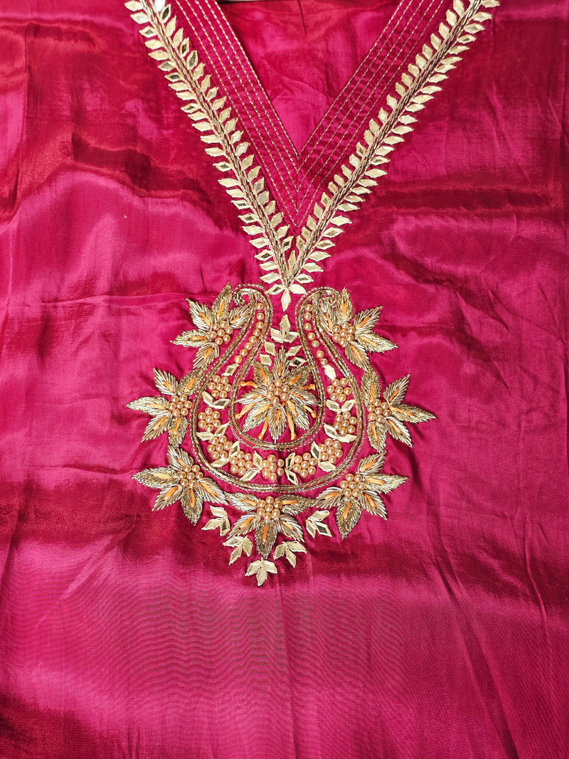 Satin Silk Semi-stitched Suit Set with Organza Dupatta - Rani Pink