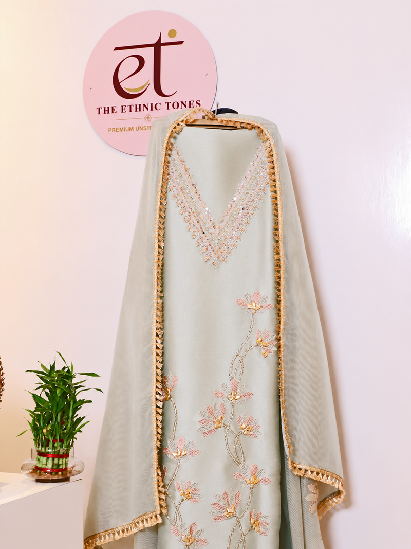 Giraffe Tissue Unstitched Festive Suit Set — Sage Green