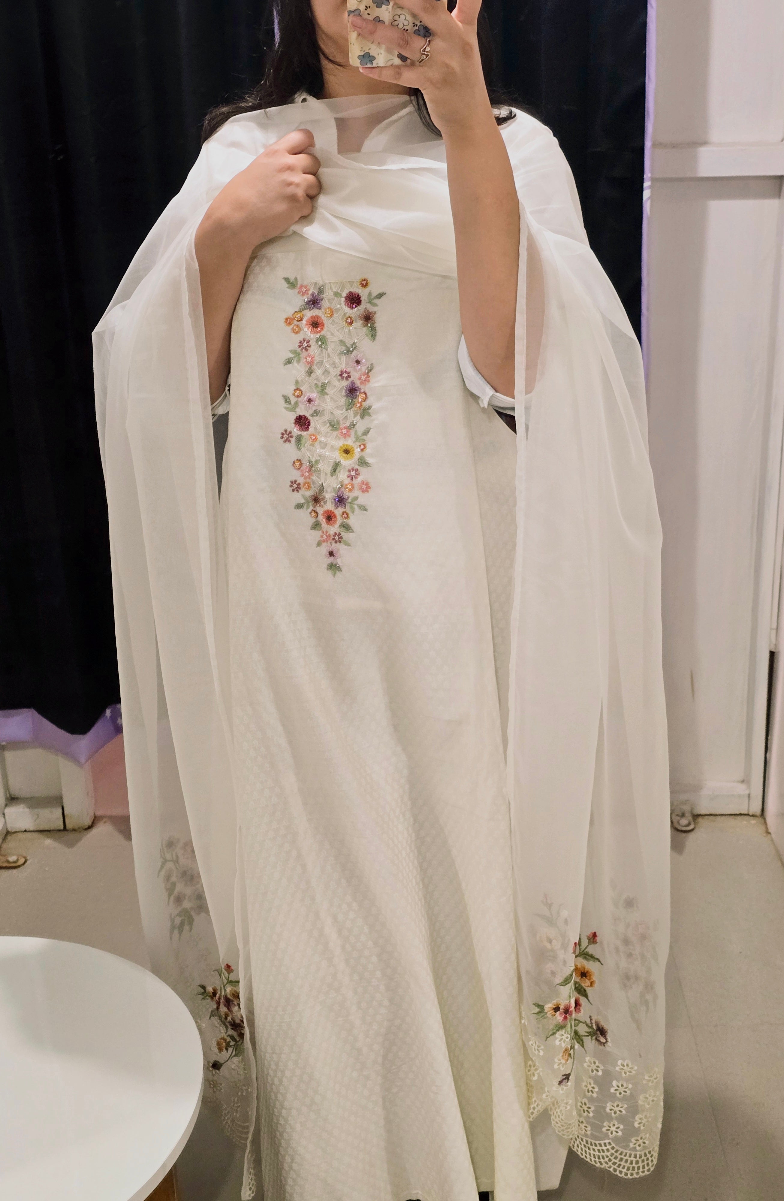 Silk Chanderi Unstitched Suit Set with Organza Dupatta - White