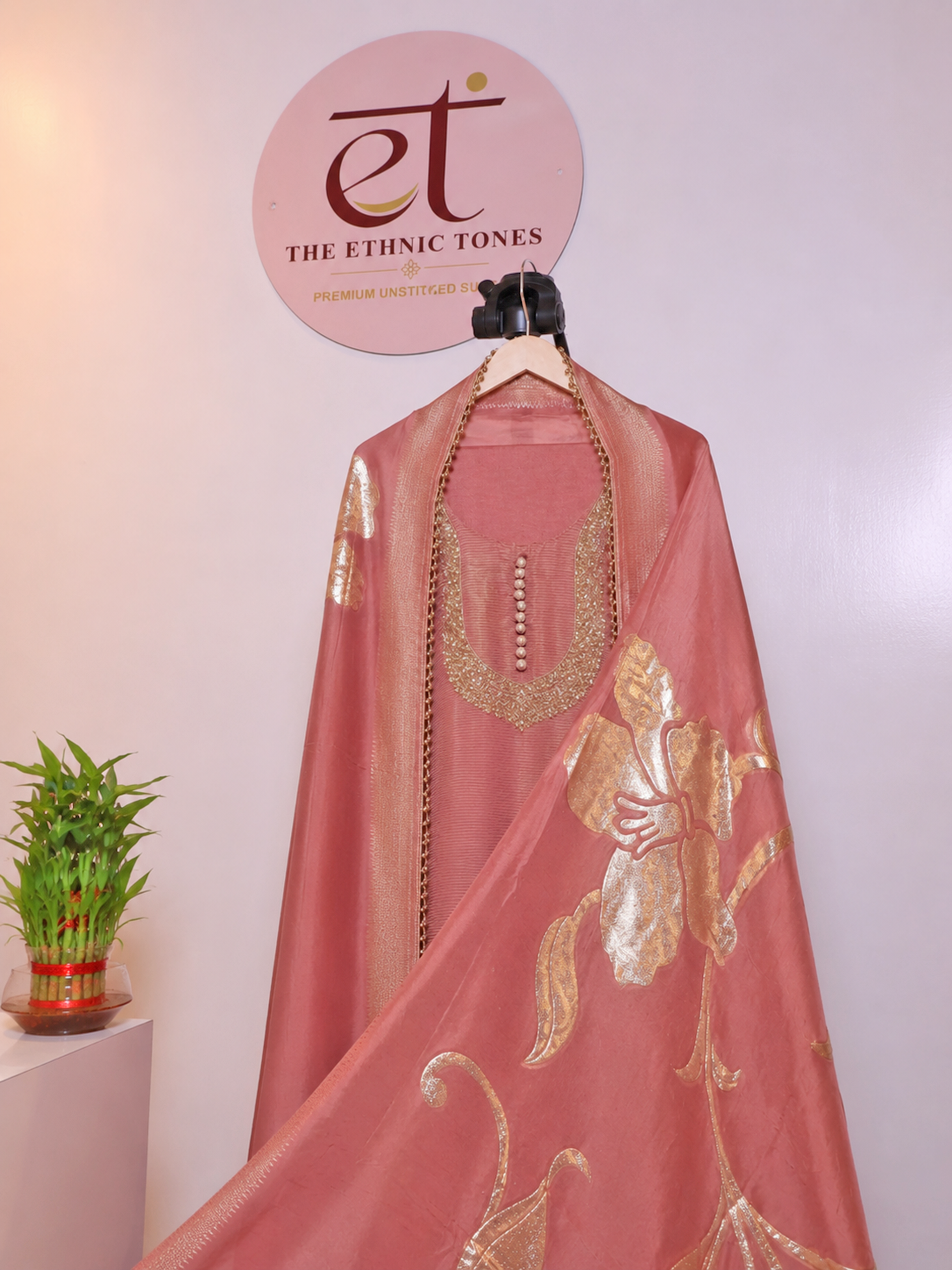 Tissue Semi-stitched Suit Set with Banarasi Silk Dupatta - Champagne
