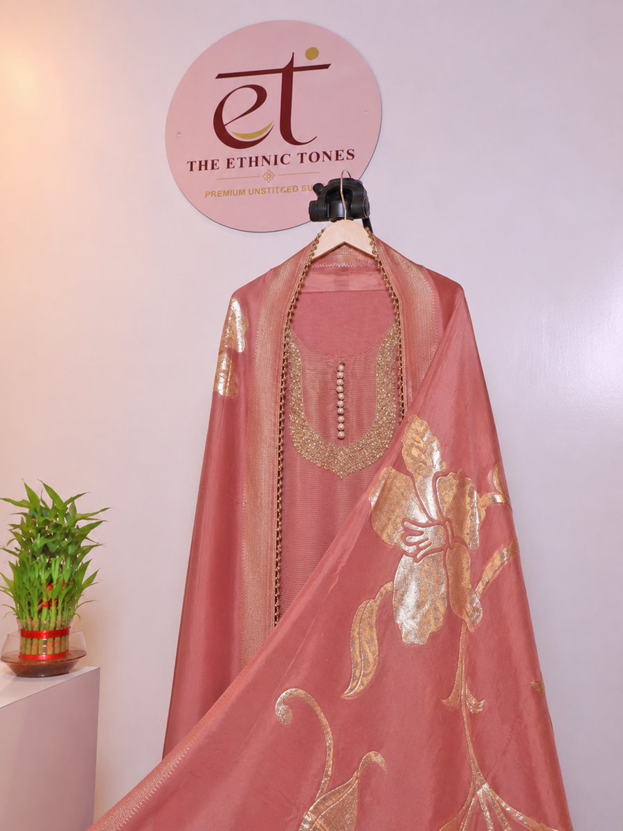 Tissue Semi-stitched Suit Set with Banarasi Silk Dupatta - Champagne