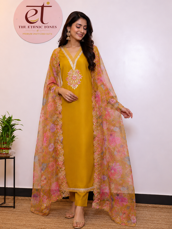Satin Silk Semi-stitched Suit Set with Organza Dupatta - Mustard