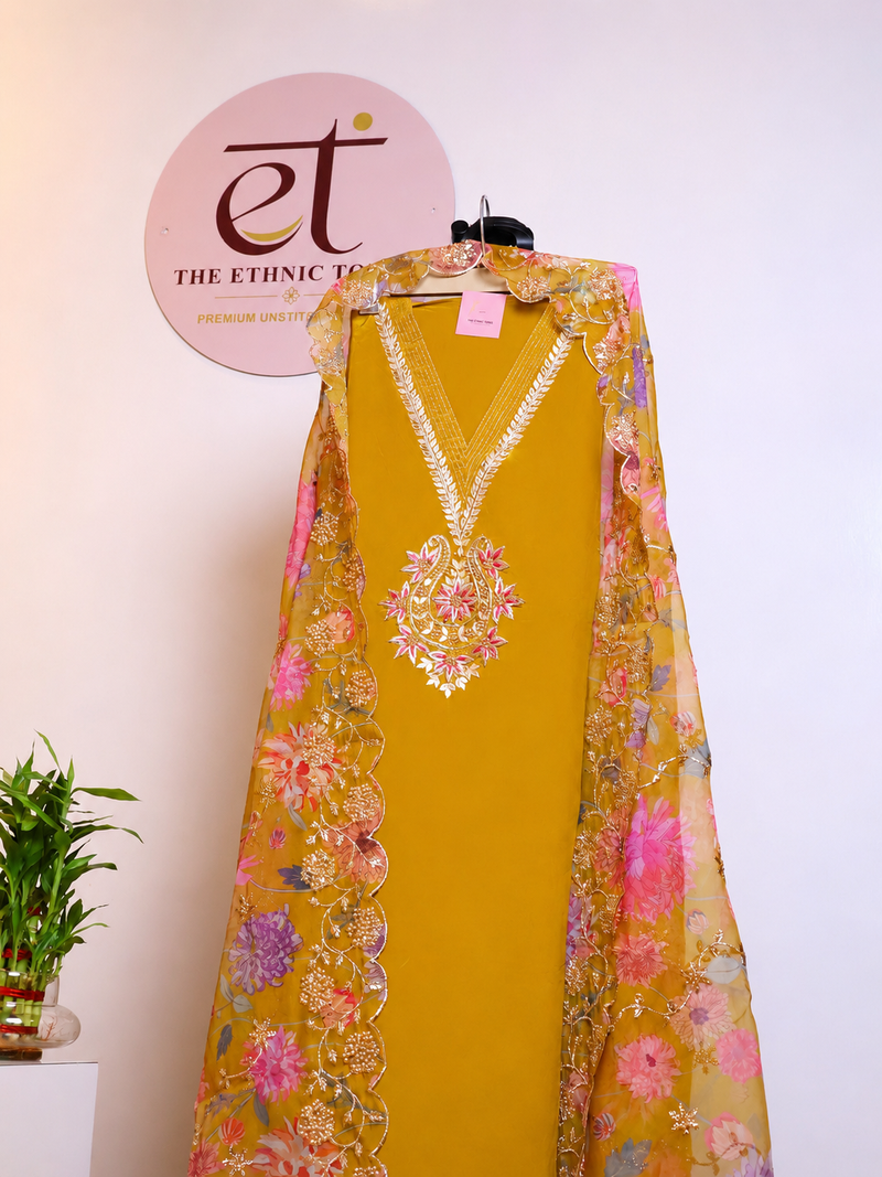 Satin Silk Semi-stitched Suit Set with Organza Dupatta - Mustard