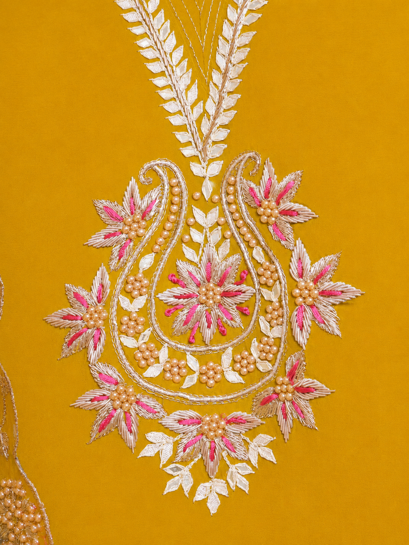 Satin Silk Semi-stitched Suit Set with Organza Dupatta - Mustard