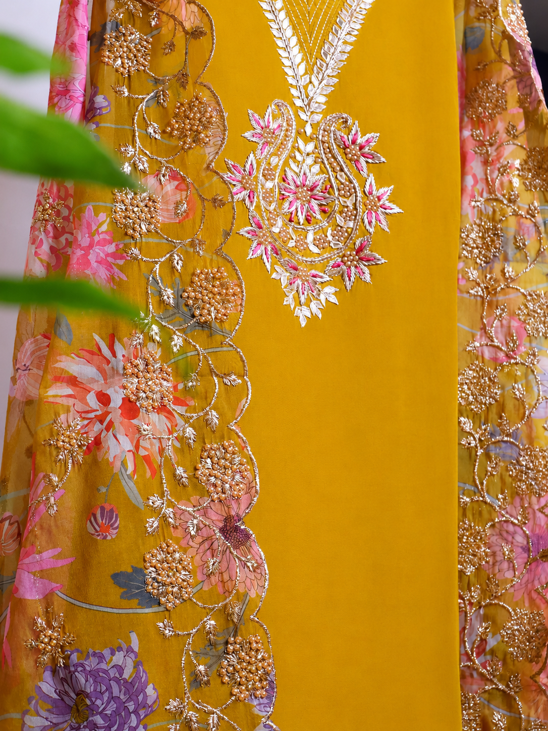Satin Silk Semi-stitched Suit Set with Organza Dupatta - Mustard