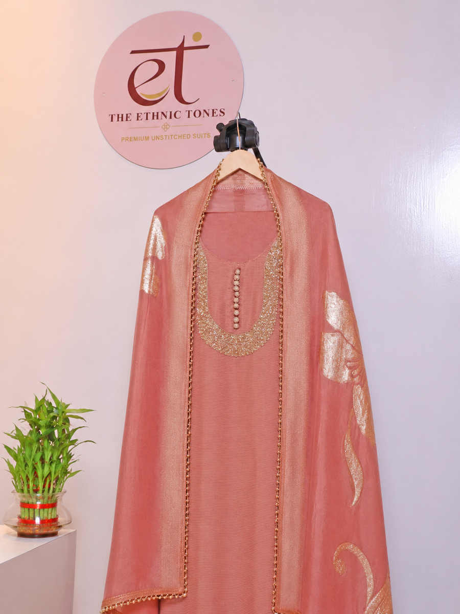 Tissue Semi-stitched Suit Set with Banarasi Silk Dupatta - Champagne