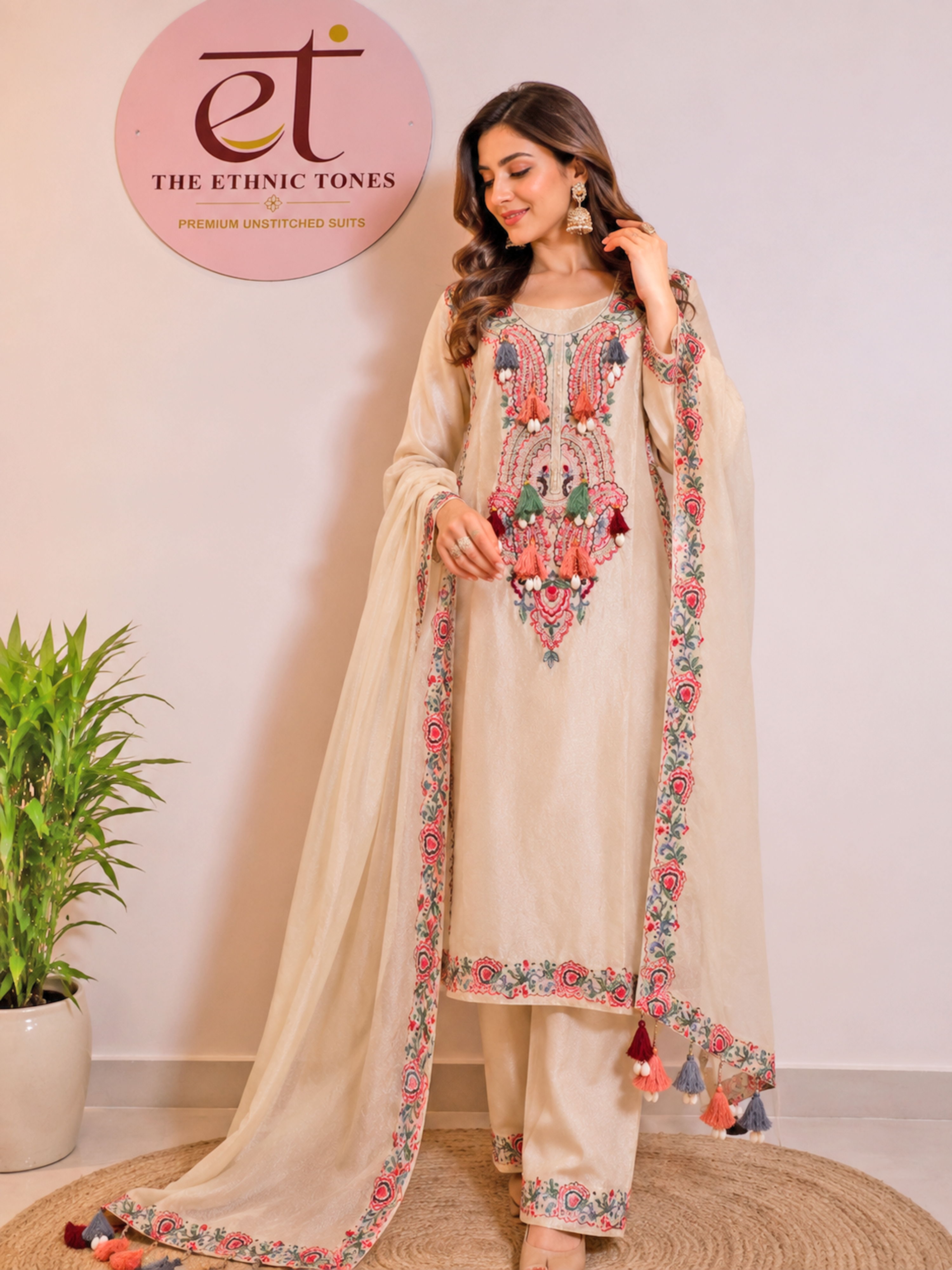 Tissue Shimmer Unstitched Suit Set with Organza Dupatta - Pearl White