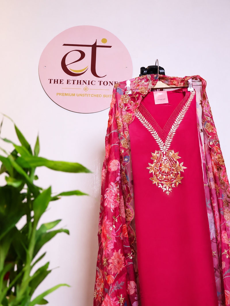 Satin Silk Semi-stitched Suit Set with Organza Dupatta - Rani Pink