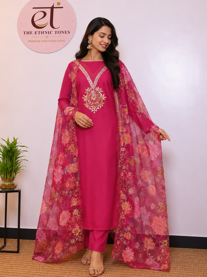 Satin Silk Semi-stitched Suit Set with Organza Dupatta - Rani Pink