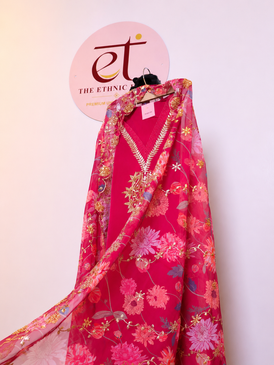 Satin Silk Semi-stitched Suit Set with Organza Dupatta - Rani Pink