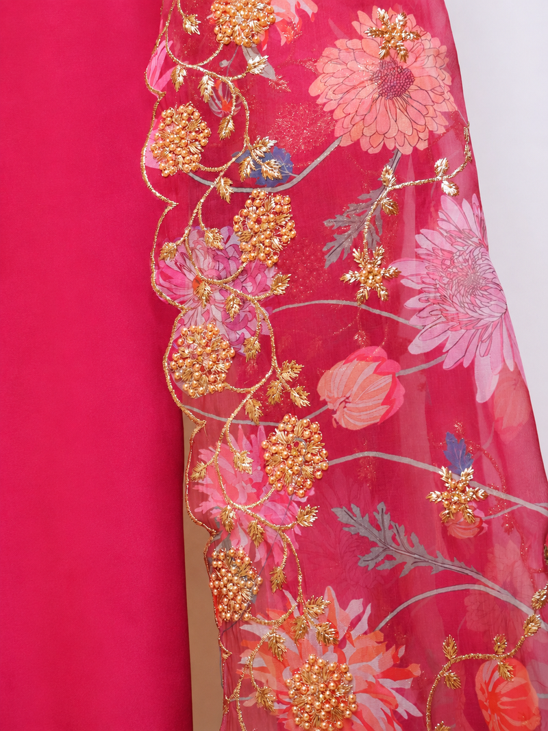 Satin Silk Semi-stitched Suit Set with Organza Dupatta - Rani Pink