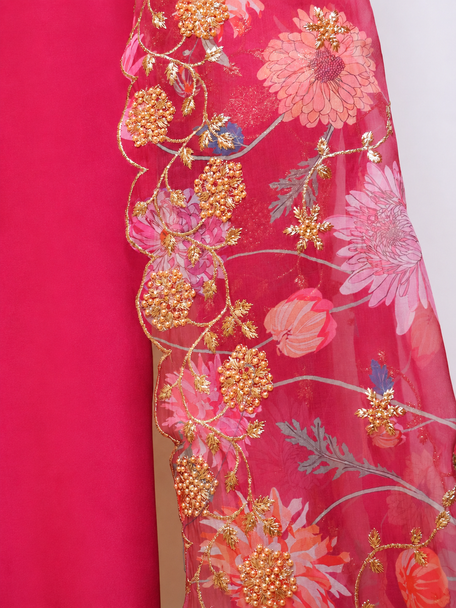 Satin Silk Semi-stitched Suit Set with Organza Dupatta - Rani Pink