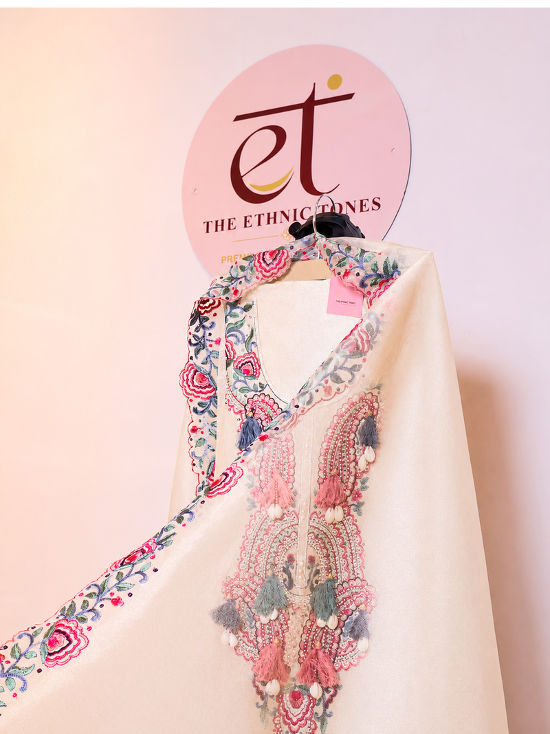 Tissue Shimmer Unstitched Suit Set with Organza Dupatta - Pearl White