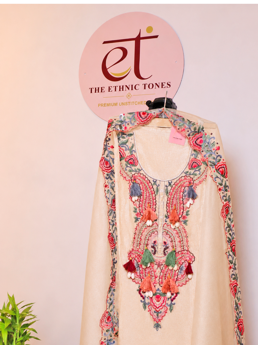 Tissue Shimmer Unstitched Suit Set with Organza Dupatta - Pearl White