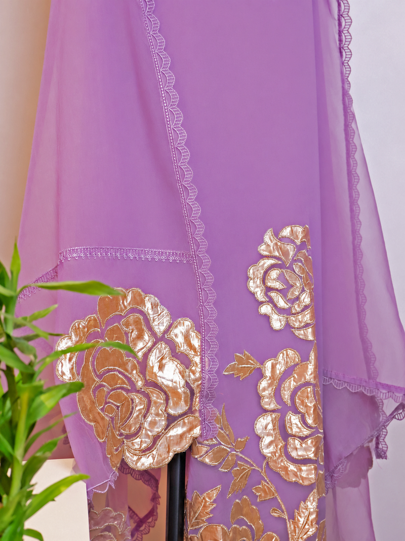 Organza Unstitched Suit Set with Applique Work - Lavender