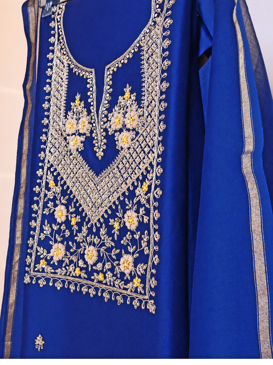 Navy Blue Silk Chanderi Unstitched Suit Set with Zardozi Hand Work
