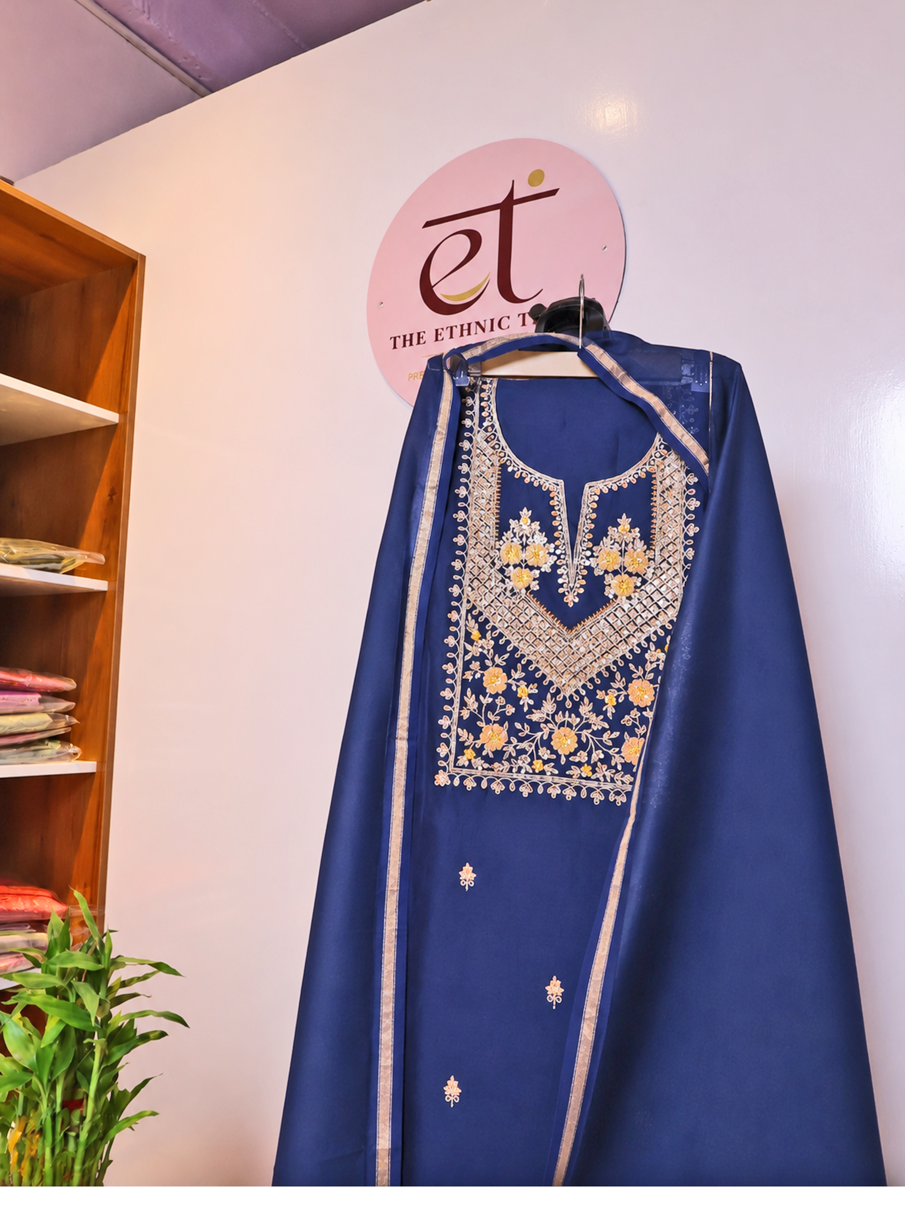 Navy Blue Silk Chanderi Unstitched Suit Set with Zardozi Hand Work