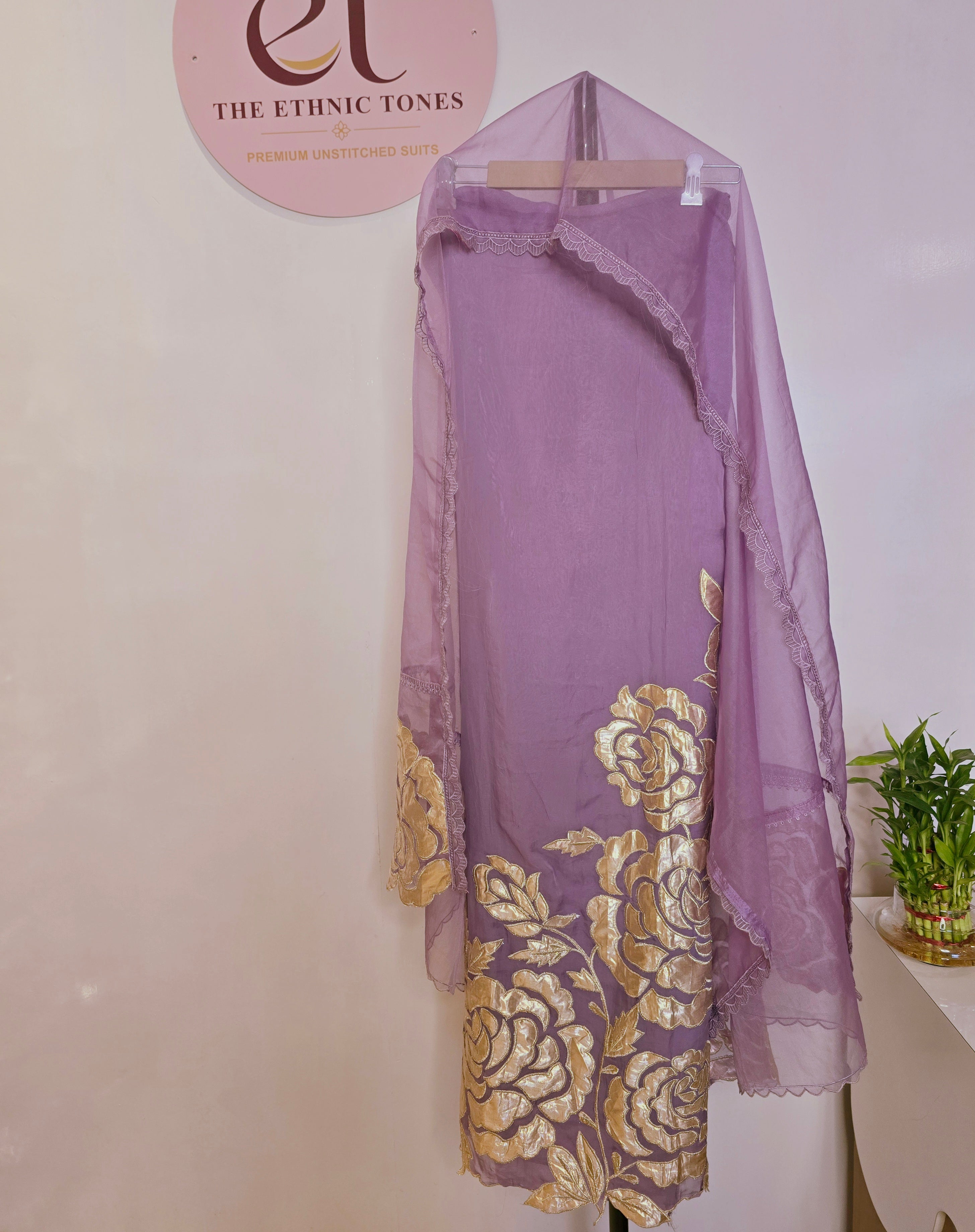 Organza Unstitched Suit Set with Applique Work - Lavender