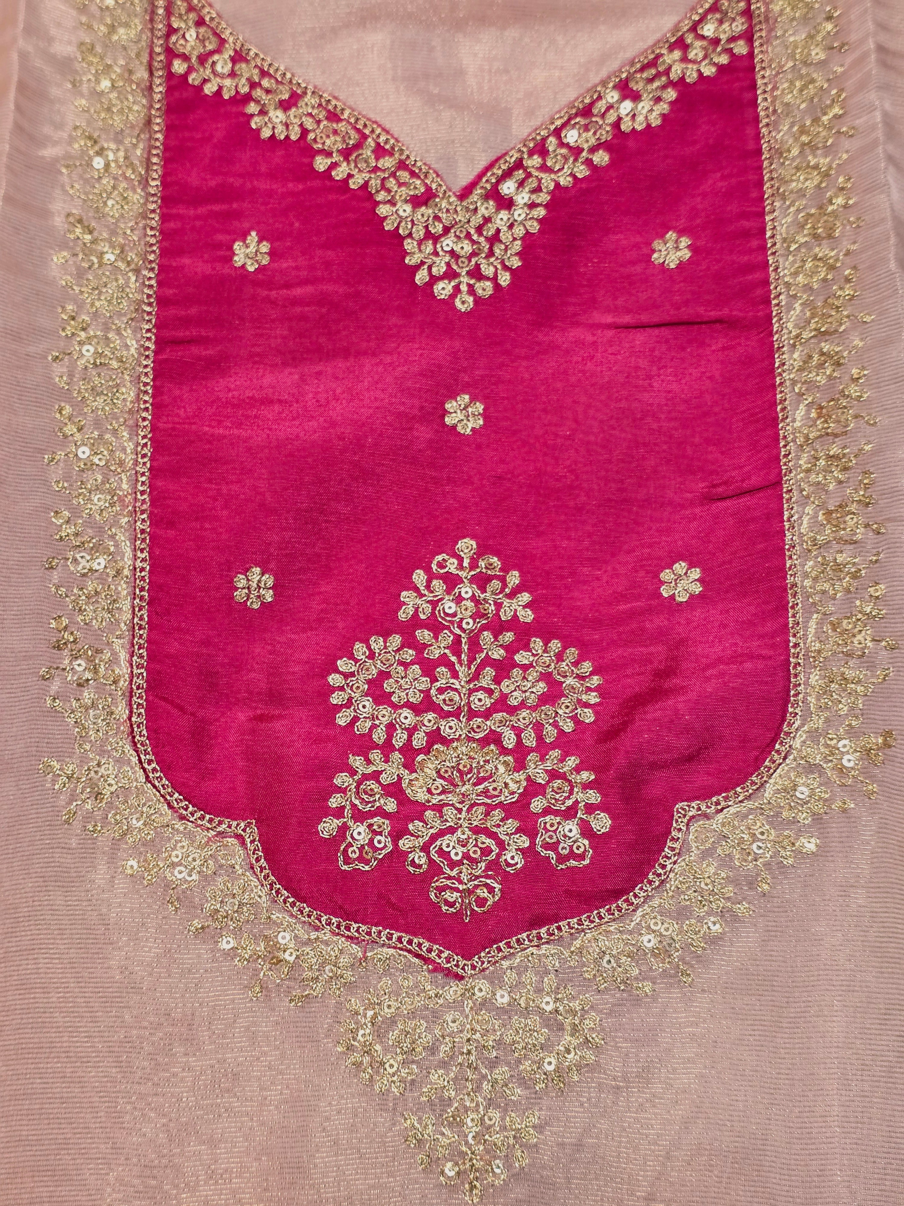 Pink Tissue Unstitched Suit Set with Embroidered Satin Silk Dupatta
