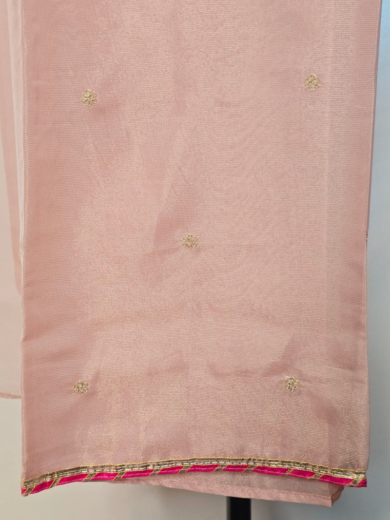 Pink Tissue Unstitched Suit Set with Embroidered Satin Silk Dupatta