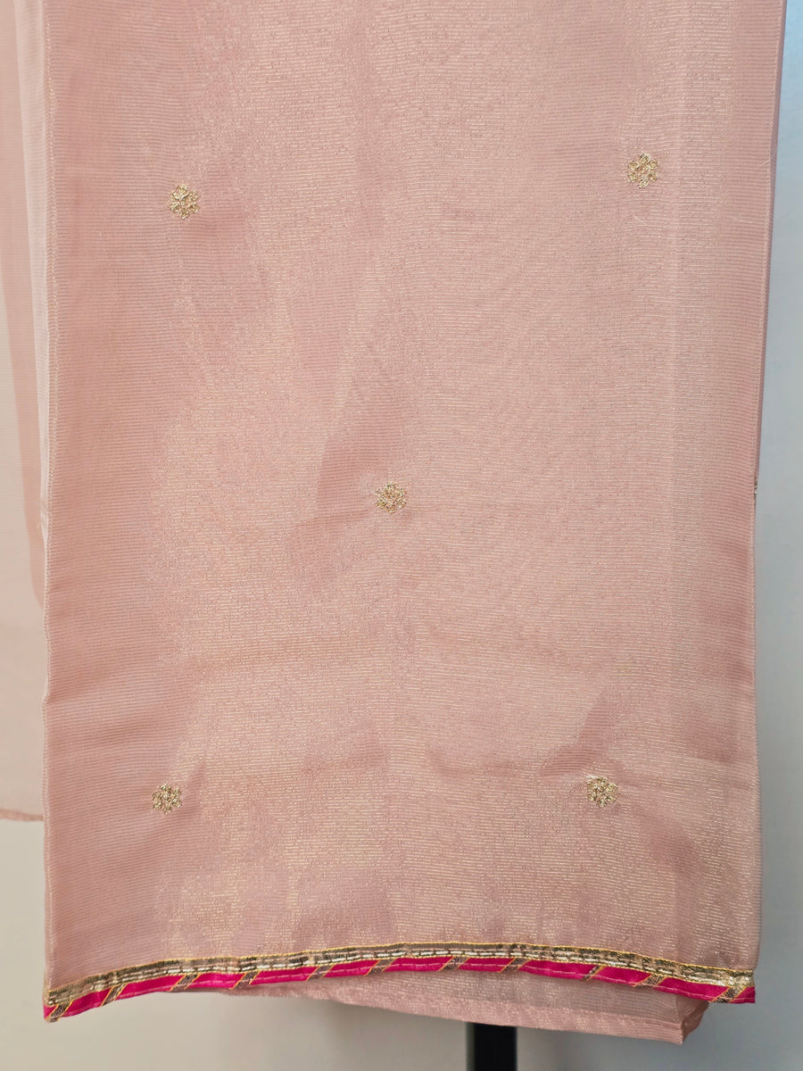 Pink Tissue Unstitched Suit Set with Embroidered Satin Silk Dupatta