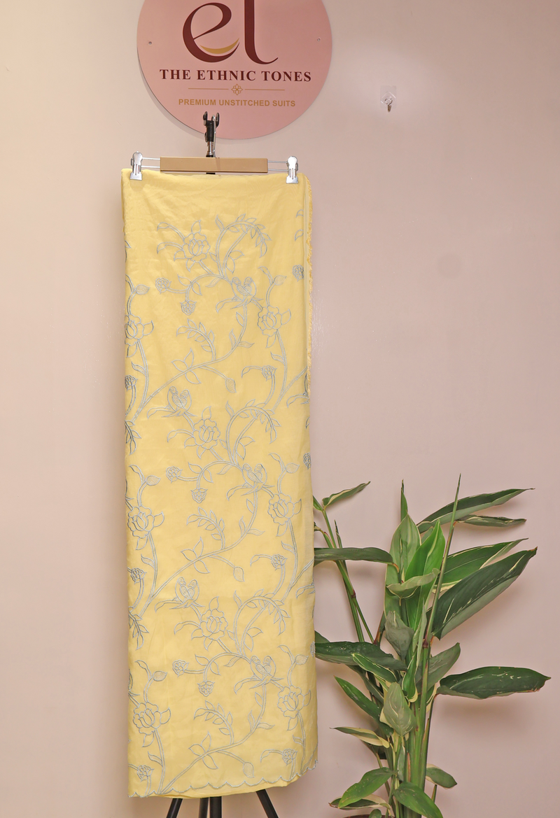 Ivory Mul Chanderi Unstitched Suit with All-Over Floral Embroidery - Butter Yellow