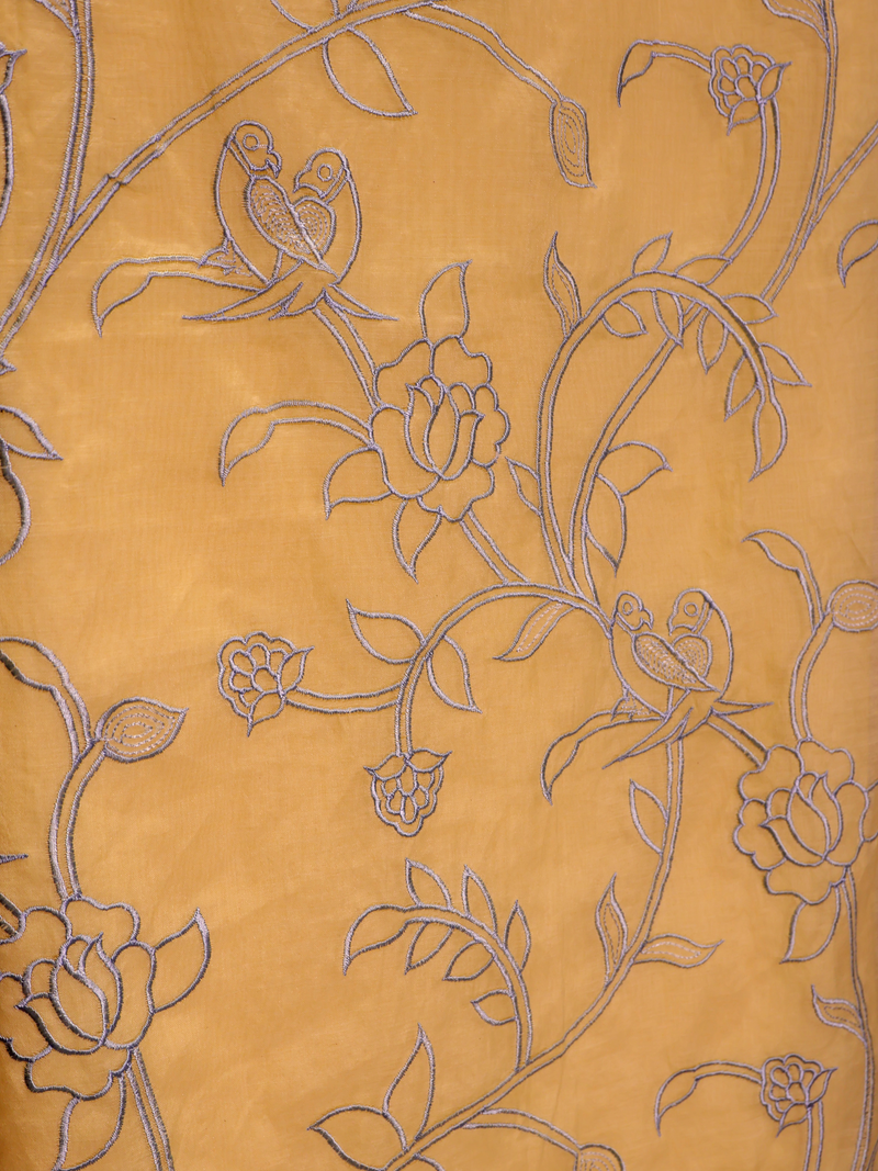 Ivory Mul Chanderi Unstitched Suit with All-Over Floral Embroidery - Butter Yellow