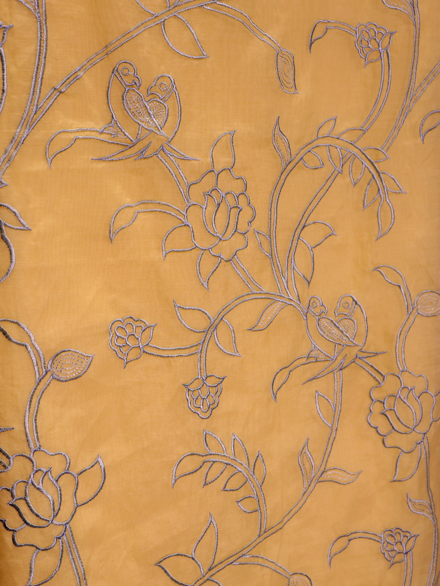 Ivory Mul Chanderi Unstitched Suit with All-Over Floral Embroidery - Butter Yellow
