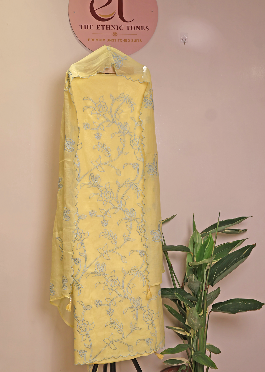 Ivory Mul Chanderi Unstitched Suit with All-Over Floral Embroidery - Butter Yellow