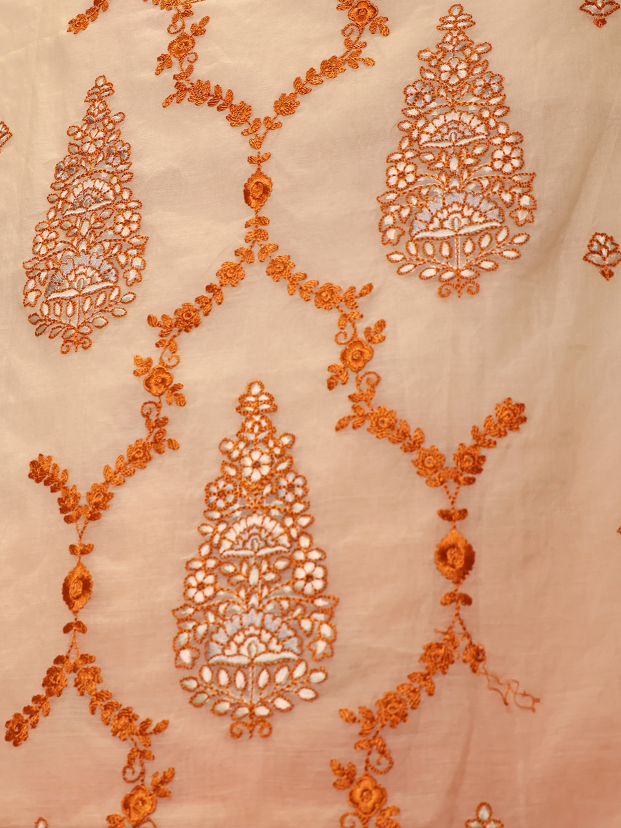 Orange Ombré Mul Chanderi Unstitched Suit with Resham & Mirror Embroidery
