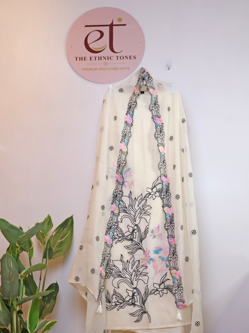 Mul Chanderi Unstitched Suit with Accent Floral Embroidery - White