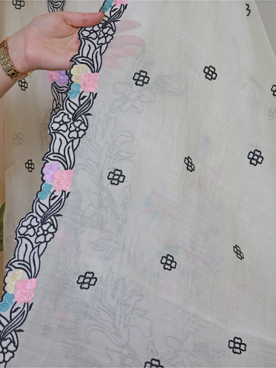 Mul Chanderi Unstitched Suit with Accent Floral Embroidery - White