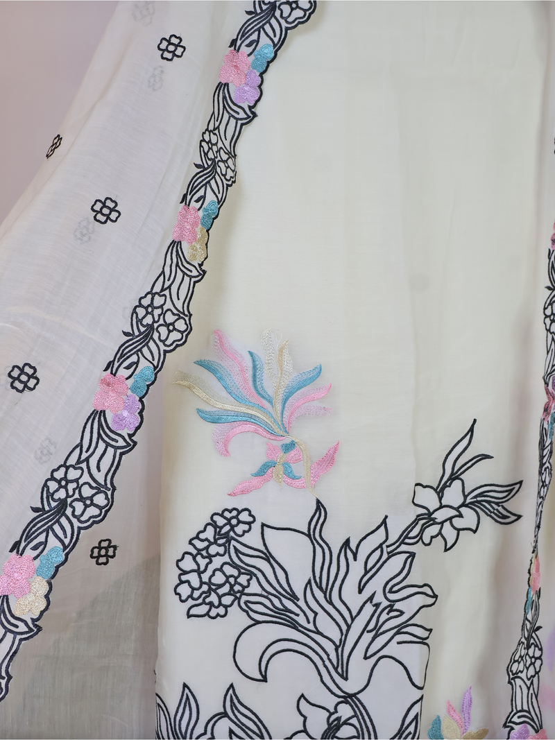 Mul Chanderi Unstitched Suit with Accent Floral Embroidery - White