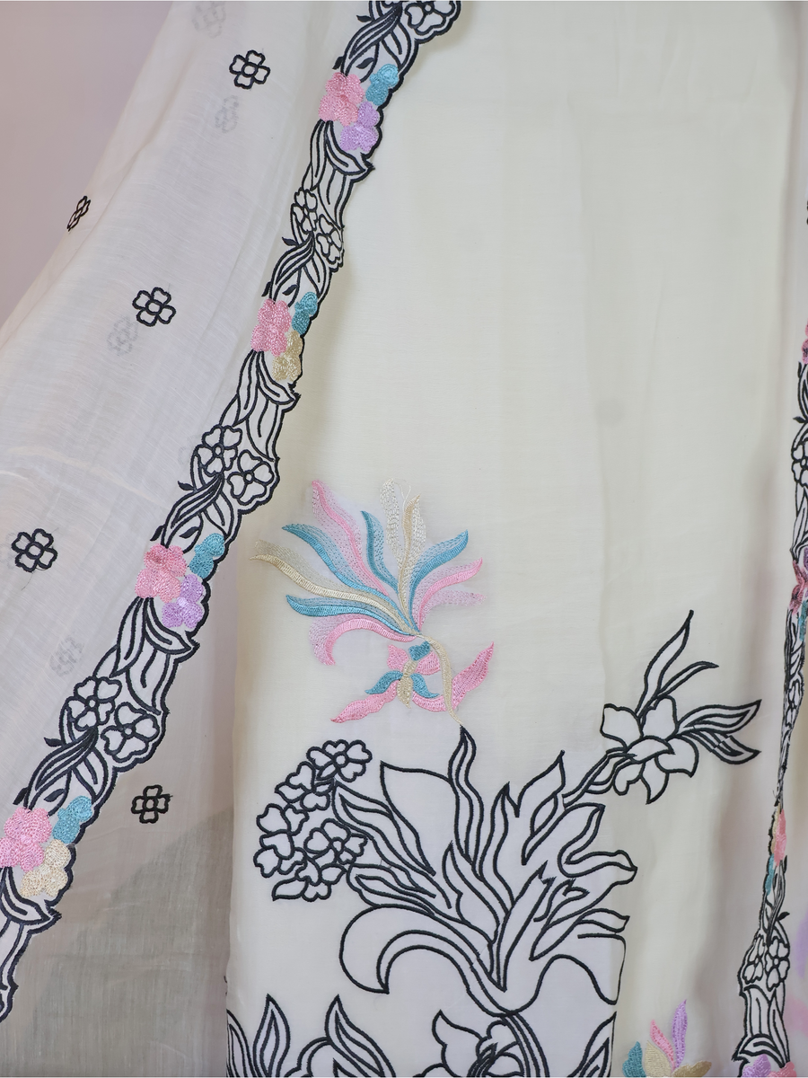 Mul Chanderi Unstitched Suit with Accent Floral Embroidery - White