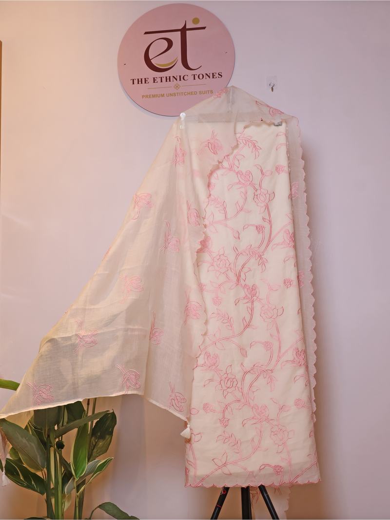 Ivory Mul Chanderi Unstitched Suit with All-Over Floral Embroidery - White