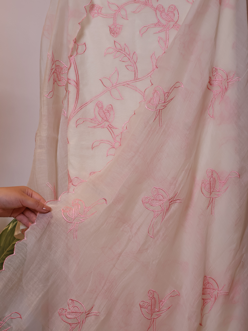 Ivory Mul Chanderi Unstitched Suit with All-Over Floral Embroidery - White