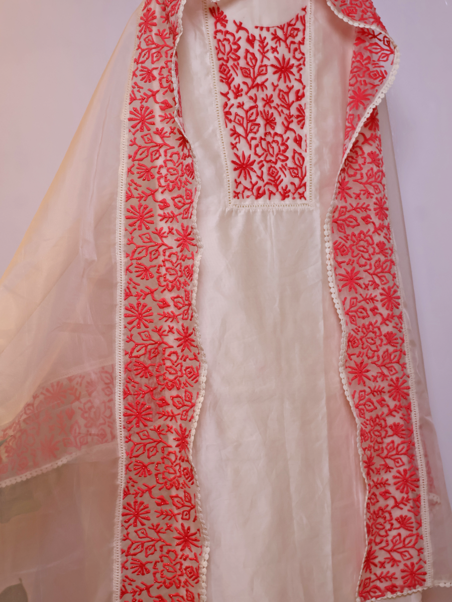 Ivory Silk Chanderi Unstitched Suit with Resham Thread Embroidery