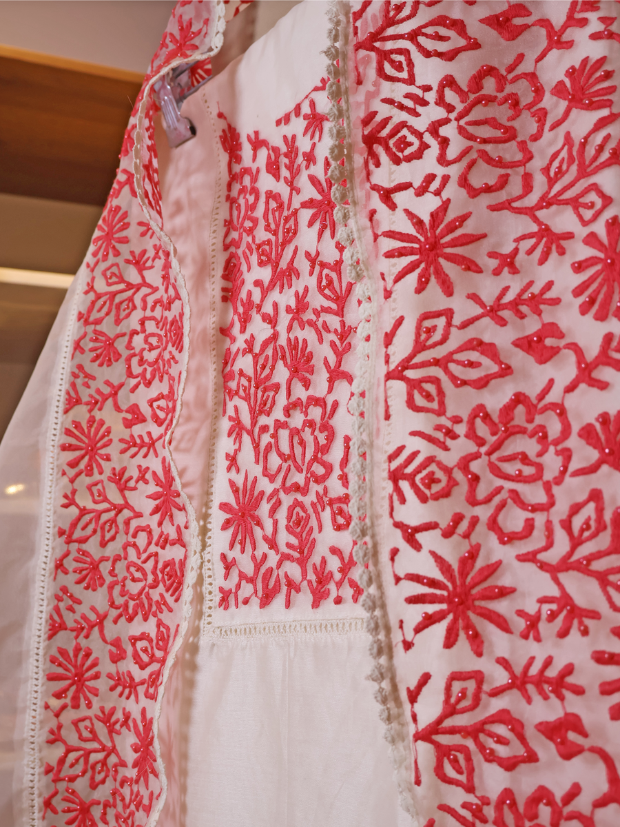 Ivory Silk Chanderi Unstitched Suit with Resham Thread Embroidery