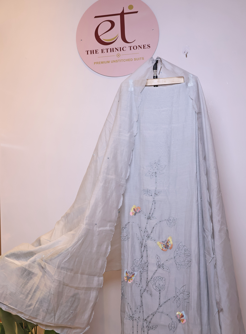 Mul Chanderi Butterfly Motif Unstitched Suit with Cutdana & Sequin Work - Ice Grey