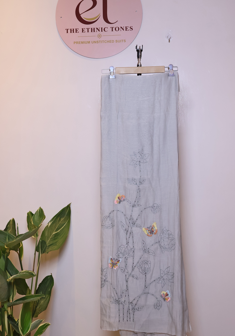 Mul Chanderi Butterfly Motif Unstitched Suit with Cutdana & Sequin Work - Ice Grey